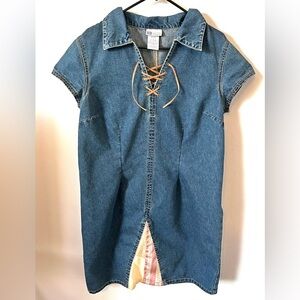 Vintage 90s Faded Glory Boho Denim Patchwork Panel Short Sleeve Dress Size 16